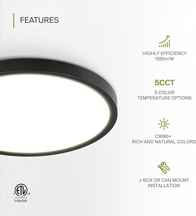 ASD LED 12" Round Flush Mount Ceiling Light Fixture, Low Profile Surface Lighting | 5CCT, Dimmable, Ultra-Thin, ETL Listed | 24W 2000LM 2700-6000K 100-277V | Kitchen, Hallway Lamp | Black, 4 Pack