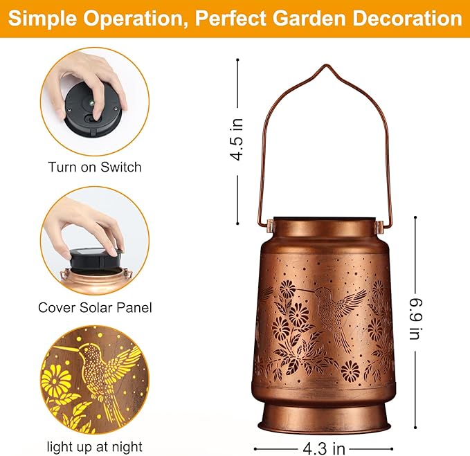 Solar Lantern Outdoor Hanging Waterproof Outside Metal Openwork Hummingbird Pattern Birthday Gifts for Women Mom Landscape Lights for Porch Garden Yard Patio Pathway Decor(Great Hummingbird)