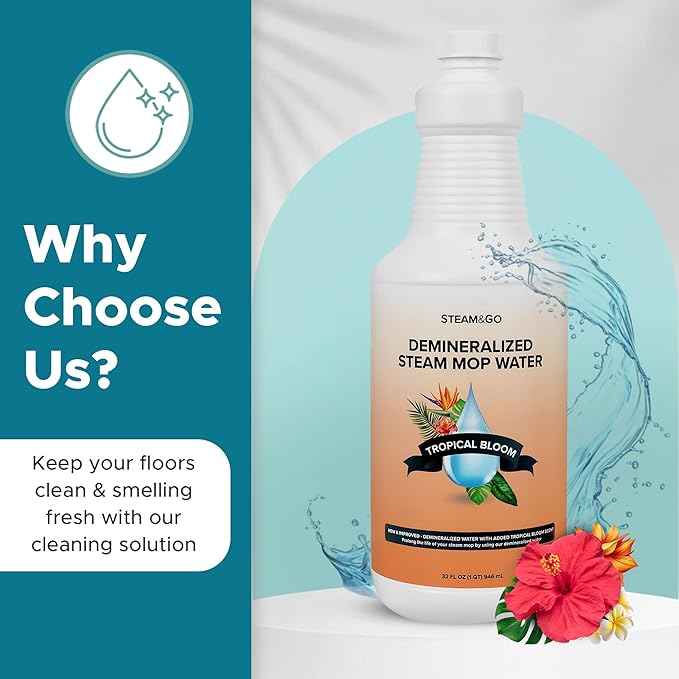 Steam & Go Demineralized Water for Steam Cleaner - PVC-Free Floor Cleaning Solution Compatible for All Steam Mops - Multi-Surface Cleaner for Home Surfaces - Tropical Bloom Scent, 32 oz (Pack of 12)