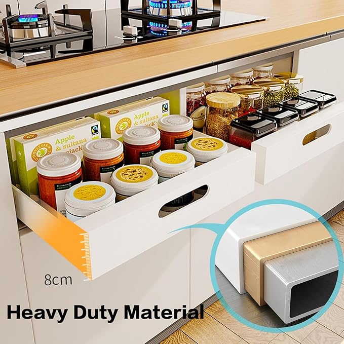 21'' Deep Pull Out Cabinet Organizer, 10'' Wide Carbon Steel Adhesive Slide Out Drawer, Pantry Storage Shelves for Kitchen, Bathroom and Living Room, 2 Pack