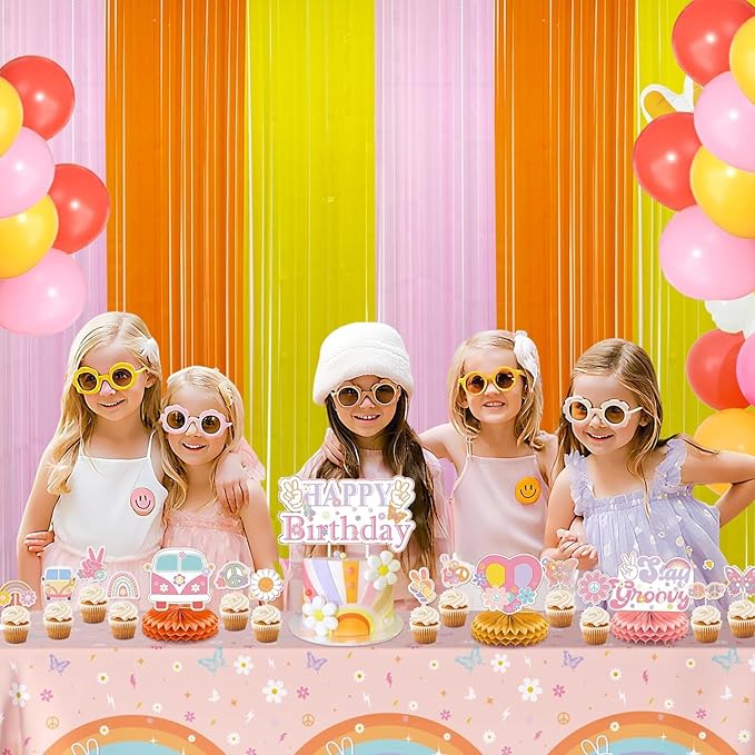Groovy Foil Fringe Curtains Backdrop Birthday Party Decorations, 2 Pack 3.28 x 6.56 Ft Orange Yellow Pink Tinsel Streamer Photo Booth Props for Girls Hippie Thanksgiving Retro Themed Decor Supplies