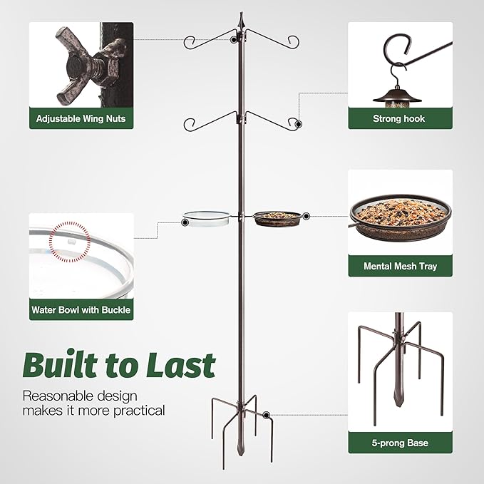 Bird Feeding Station Kit, 81 Inch, 4-Hook, Metal Birds Feeder Stand Pole with Bird Bath and Mesh Tray, Freestanding 5-Prong Base