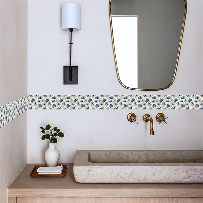Blue Floral Wall Border 196x4 Inch Peel and Stick Vintage Flower Wallpaper