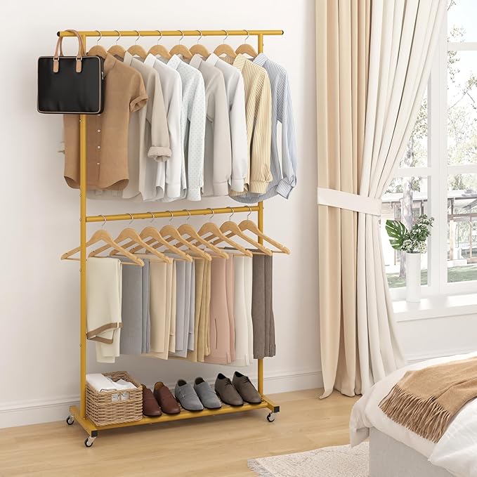 Sywhitta Double Rod Clothing Garment Rack, Rolling Coat Hanger with Bottom Mesh, Clothing Rack for Hanging Clothes, Coats, Skirts, Sweaters, Gold