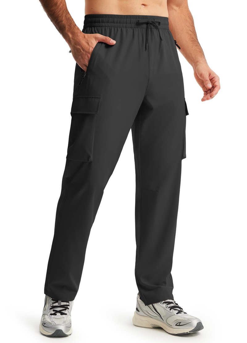 Men's Elastic Waist Hiking Pants Lightweight Quick Dry Cargo Track Pants Water Resistant Travel Outdoor Sweatpants Jogging Athletic Clothes with Zipper Pockets Black L