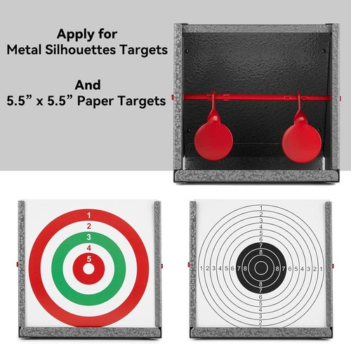 GearOZ BB Gun Target Trap - Catch Box with 20 Shooting Papers & Spinning Metal Silhouettes | Small Size for Indoor & Backyard Use