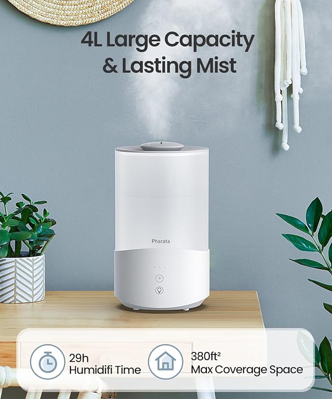 Humidifiers for Bedroom, 4.0L Humidifier with Essential Oil Diffuser, Top Fill Ultrasonic Cool Mist Humidifier for Large Room, Sleep Mode, Adjustable mist output, Auto Shut-Off