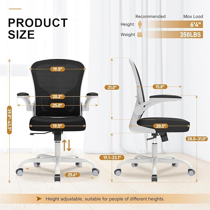 Synorla Office Chair, Ergonomic Desk Chairs 330LBS Capacity High Back Mesh Computer Chair with Flip-up Armrests, Comfy Work Chair with Adjustable Lumbar Support