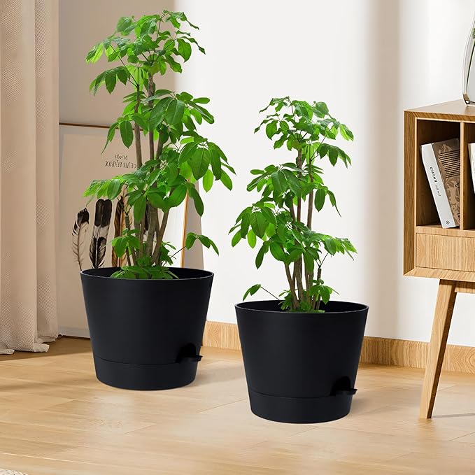 YNNICO 12 Inches Indoor Self Watering Planters with Drainage Holes and Saucers, 4 Pack (Black)