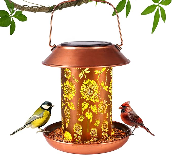 Bird Feeders for Outdoors Hanging Metal Sunflower Solar Bird Feeder Waterproof Solar Lantern Decor Garden Gifts for Women Mom Friends Birds Lovers Decoration for Yard,Patio,Lawn,Christmas