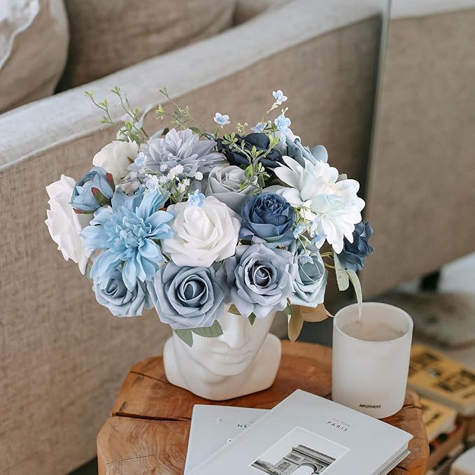 AGIRL Artificial Flowers Combo Silk Mix Blue Fake Flower with Stems for DIY Wedding Bouquets Centerpieces Arrangements Table Chair Decor Baby Shower Home Decor (Light Blue)