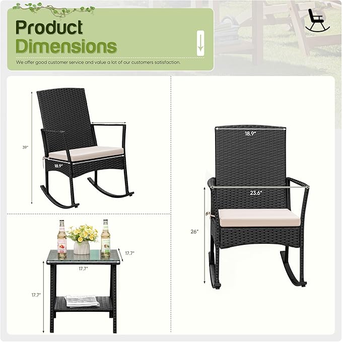 Flamaker Rocking Chair Outdoor PE Rattan Patio Chairs with Glass Table High Back Porch Rocker for Balcony, Garden, Backyard (Beige)