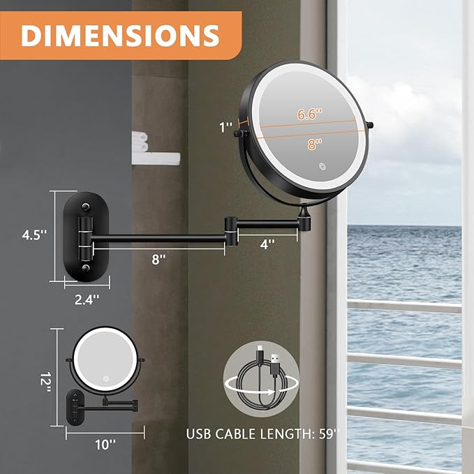Auxmir 8'' Wall Mounted Lighted Makeup Mirror, 3200mAh Rechargeable