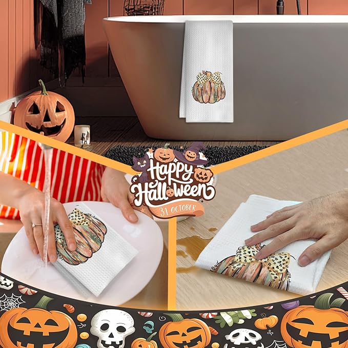 Glitter Pumpkin Fall Kitchen Towels, Coquette Bow Pumpkin Dish Tea Towels for Kitchen Decor, Preppy Girly Autumn Thanksgiving Decorative Hand Towel for Bathroom, 16x24 Inches