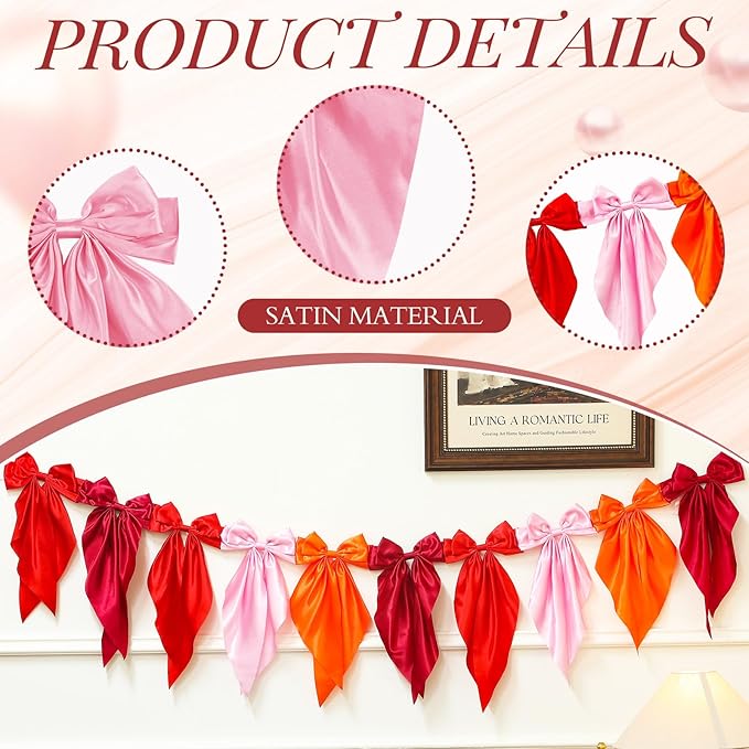 VitalCozy Red Bow Garland Banner, Satin Ribbon Bow Party Hanging Garland Decoration for Birthday Christmas Holiday Party Supplies