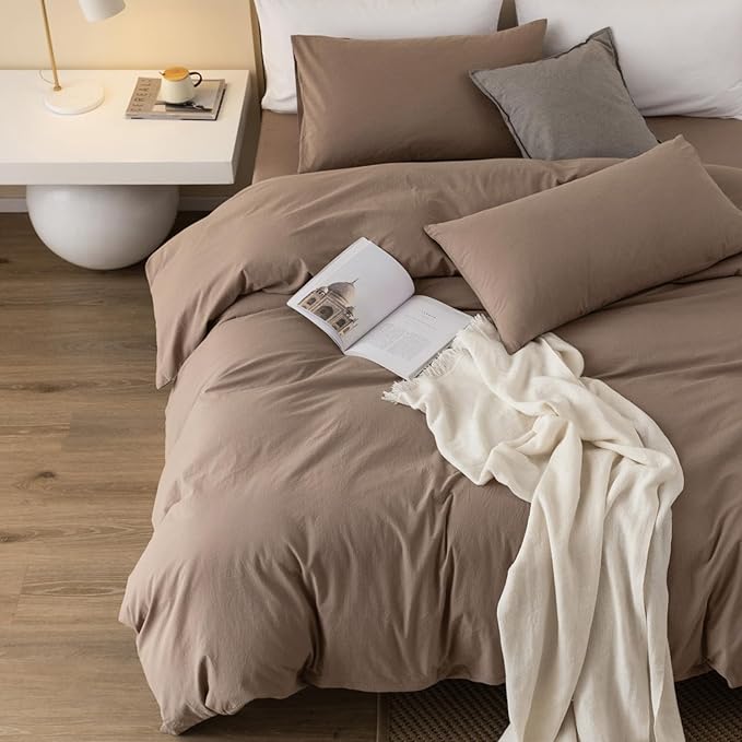 JIYUAN 100% Washed Cotton Duvet Cover Set 3 Pieces Cal King, 1 Duvet Cover 104x98 Inches(Comforter Not Included) and 2 Pillowcases,Linen Feel Bedding Set Comfy and Breathable,Light Brown
