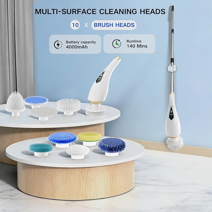 Electric Spin Scrubber Cordless Shower Cleaning Brush with 10 Replaceable Brush Heads, Extendable Handle Up to 59", 2 Speed, Waterproof, 2H Cleaning Time for Bathroom Shower Tile Glass Car