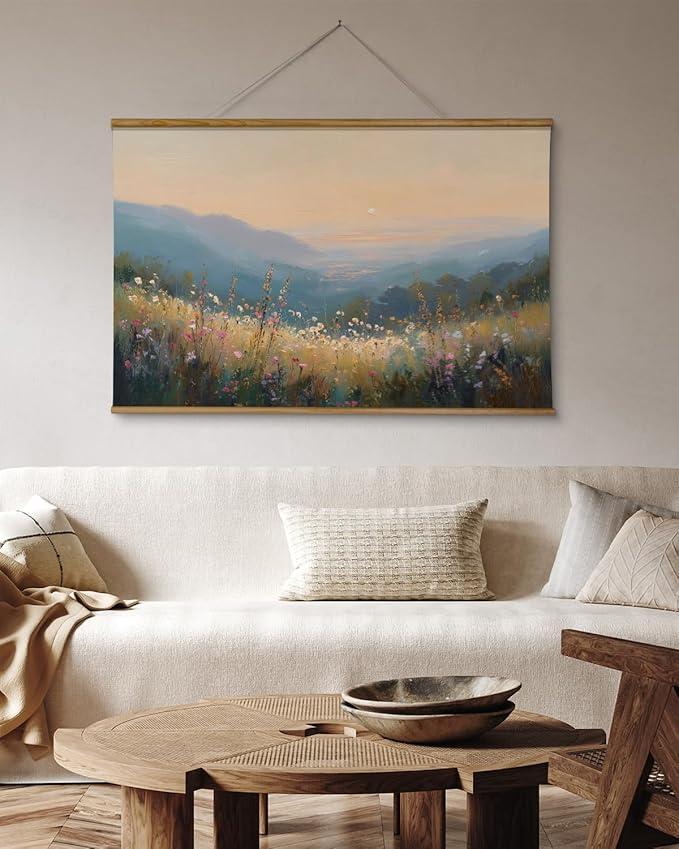 VIYYIEA Extra Large Size Canvas Wall Art, 36x54 Inch Sunset Mountain Valley with Wildflowers Scroll Painting, Oversized Landscape Wall Hanging for Living Room, Bedroom, or Cabin Decor
