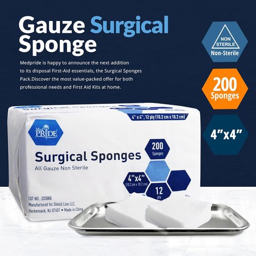 Med Pride 4”x 4” Surgical Sponges - 200 Extra Absorbent Gauze Pads for Wound Care & First Aid