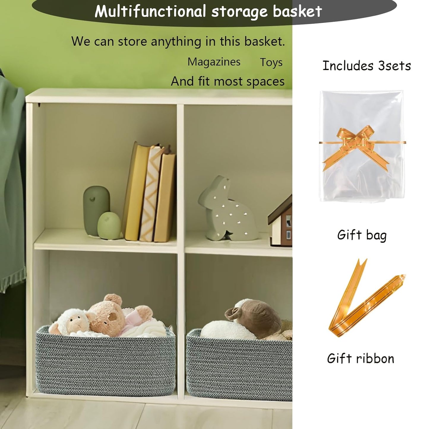COMFY-HOMI 13" x 8.5" x 5.1"Storage Baskets for Organizing | Cotton Rope Woven Basket | Toy Storage Bin Box | Basket for Shelves, Closet Organizer Bin, Decorative Closet Shelf, 3 Pack, Green