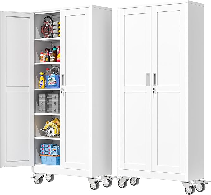75''H Metal Garage Storage Cabinet with Wheels,Steel File Cabinets with 2 Doors and 5 Adjustable Shelves for Home Office, Warehouse, Required Assembly,White