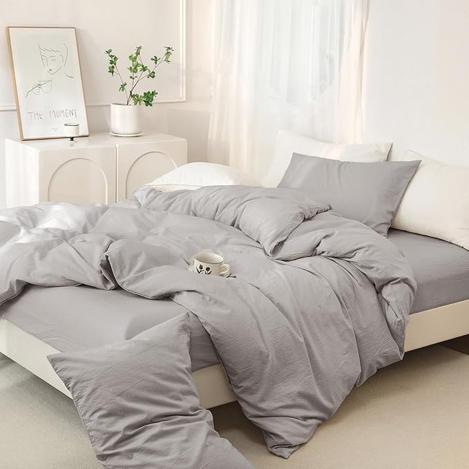 JIYUAN 100% Washed Cotton Duvet Cover Set 3 Pieces King, 1 Duvet Cover 104x90 Inches(Comforter Not Included) and 2 Pillowcases,Linen Feel Bedding Set Comfy and Breathable, Heathered Pastel Grey