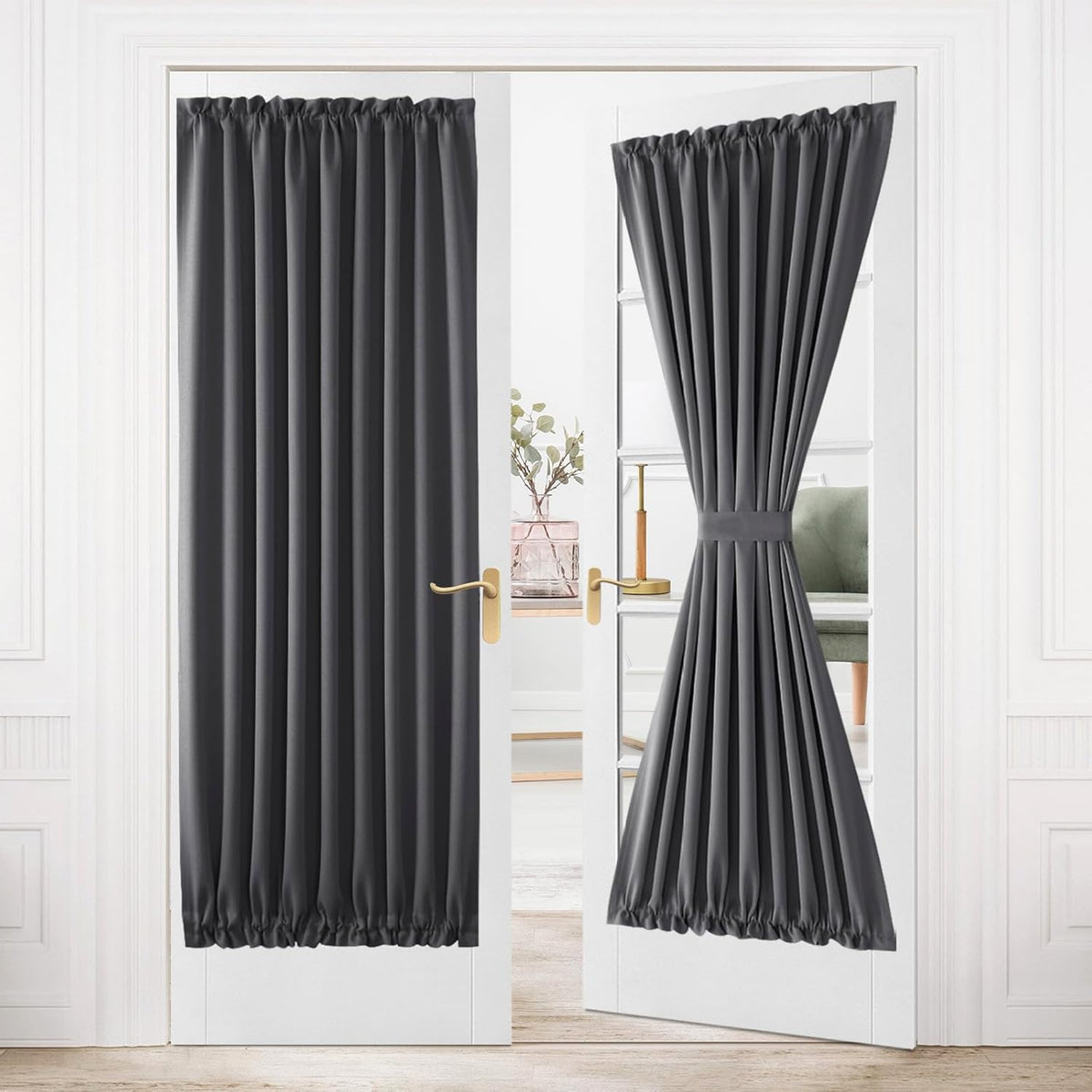 DWCN French Door Curtains – Rod Pocket Thermal Blackout Curtain for Window/Patio Doors/Doorways/Classroom/Kitchen for Privacy, 54W by 80L Inches, 1 Panel with Tieback, Dark Grey