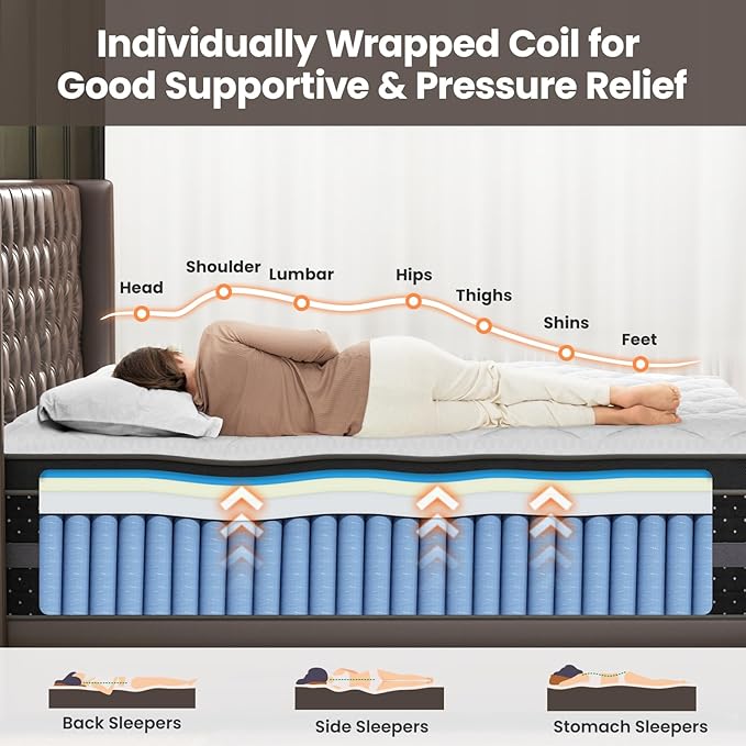 King Size Mattress 12 inch - Cooling Gel Premium Hybrid Mattress in a Box with Back & Lumbar Support, Pocket Spring Bed for Motion Isolation, 365 Night Trial CertiPUR-US Certified