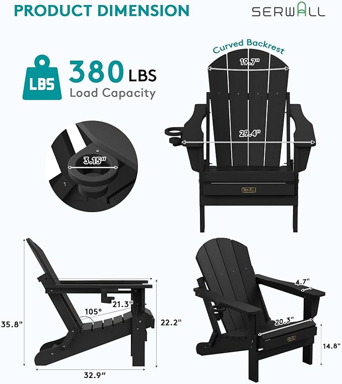 SERWALL Folding Adirondack Chair Set of 2, All Weather Adirondack Chairs with Cup Holder for Patio Garden Outdoors Fire Pit - Black