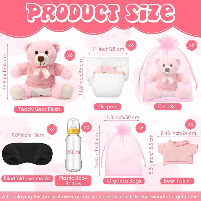 Soulchen 6 Set Bear Blindfolded Diaper Changing Baby Shower Games 14 Inch Bear Plushes with Dolls Diapers Bottles Shirts for Gender Reveal Bridal Shower Game Prize Gift Guest Adult(Pink)
