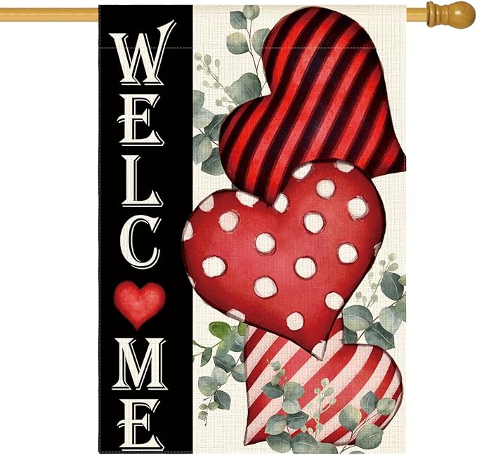 AVOIN colorlife Valentines Day Welcome House Flag 28x40 Inch Outside Double Sided, Anniversary Love Heart Rustic Yard Outdoor Decoration
