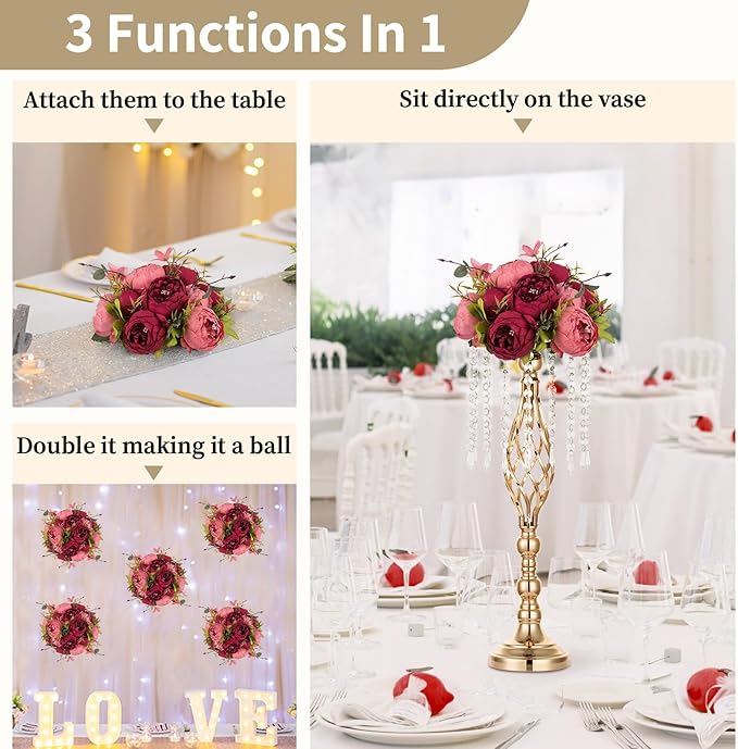 NUPTIO Flower Ball Arrangement Bouquet: 10 Pcs 9.4 inch Diam Pink & Red Faux Peony Flowers Balls for Wedding Centerpiece Decorations Fake Peonies Artificial Flower Centerpieces for Tables