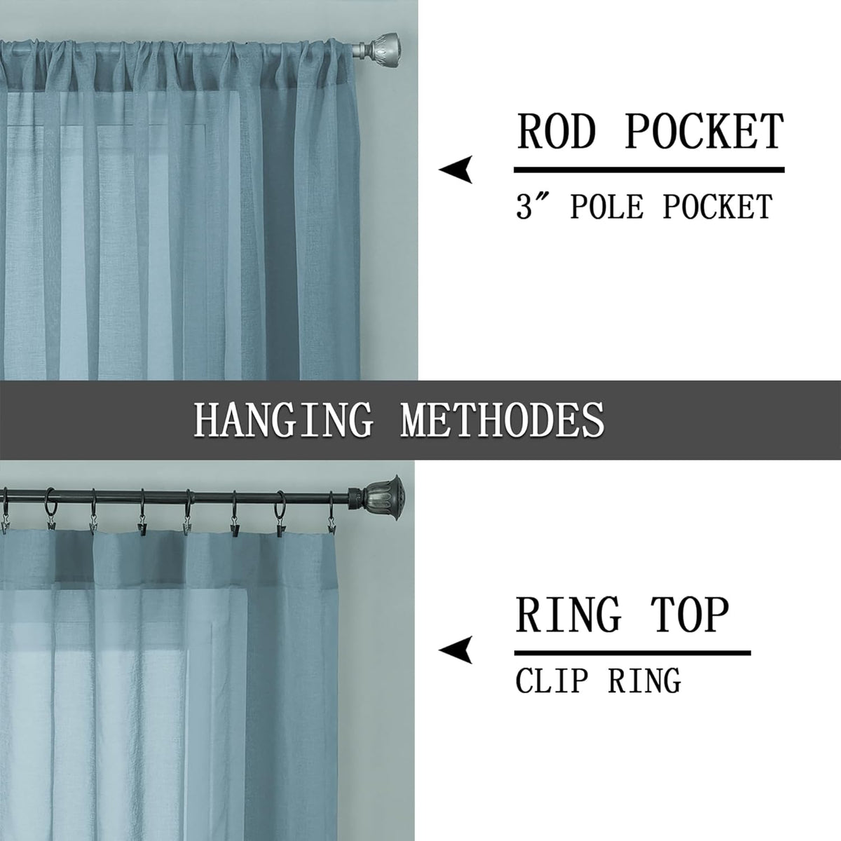 Tollpiz Short Sheer Curtain Living Room Linen Textured Curtains Sheer Light Filtering Voile Rod Pocket Curtain for Bedroom, 38 x 54 inches Long, Dusty Blue, Set of 2 Panels