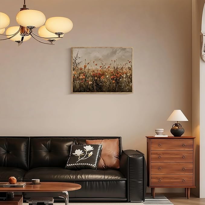 Vintage Canvas Wall Art Red Flowers Wall Decor Landscape Country Wildflowers Painting Farmhouse Picture Modern Print Rustic Floral Prints Living Room Bedroom Bathroom 12x16 Inch Framed