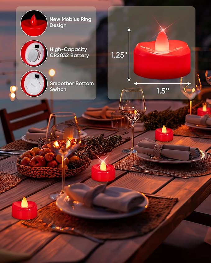 LED Candles, 24 Pack Tea Lights Candles Battery Operated, Flameless Tealight Candle, Realistic Tea Lights for Halloween Christmas Party Decor -D 1.5” x H 1.25”-Red