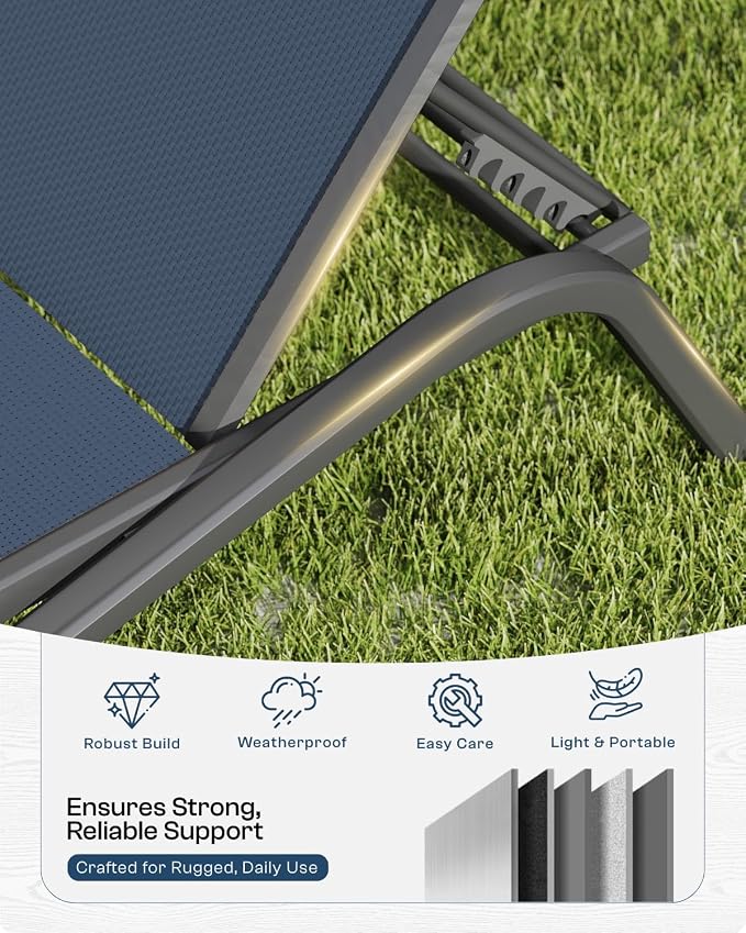 3-Piece Patio Chaise Lounge Set with Side Table, Set of 2 Adjustable Pool Chairs and Aluminum Bistro Table, All-Weather Outdoor Furniture for Pool Deck, Patio & Tanning, Navy Blue