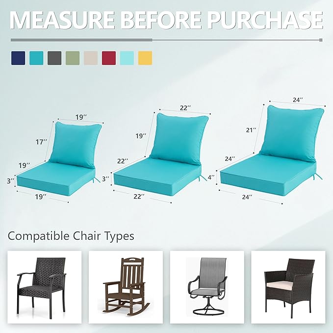 24x24 Inch Outdoor Chair Cushion with Removable Cover, Patio Furniture Cushion - Water-Repellent, Fade-Resistant, Non-Slip Bottom & Straps, Replacement for Deep Seat Sofa & Couch - Teal