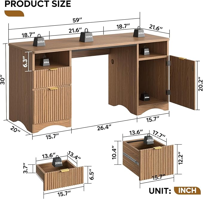 Bestier 59 inch Office Desk with 2 Drawer, Computer Desk with File Cabinet & 2 Open Storage, Modern Fluted Wood Desk for Home Office Bedroom Study, Natual Oak