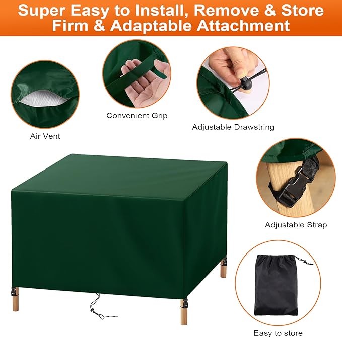 Patio Furniture Cover Rectangle 128"(L) x 56"(W) x 30"(H), Custom Heavy Duty 420D Waterproof Outdoor Cover with Drawstring & Buckles for Table Chair Garden, Green