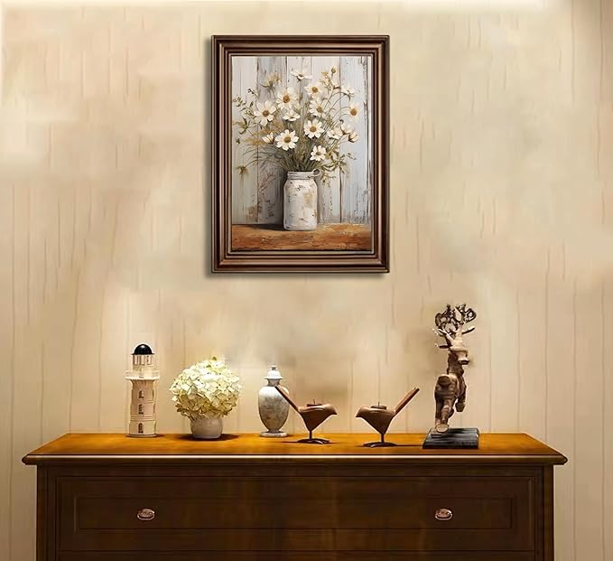 Rustic Farmhouse Daisy Floral Canvas Wall Art Vintage Neutral Country Flower Still Life Botanical Painting Picture Wall Decor Poster Print for Bathroom Living Room Bedroom Home Decoration Unframed