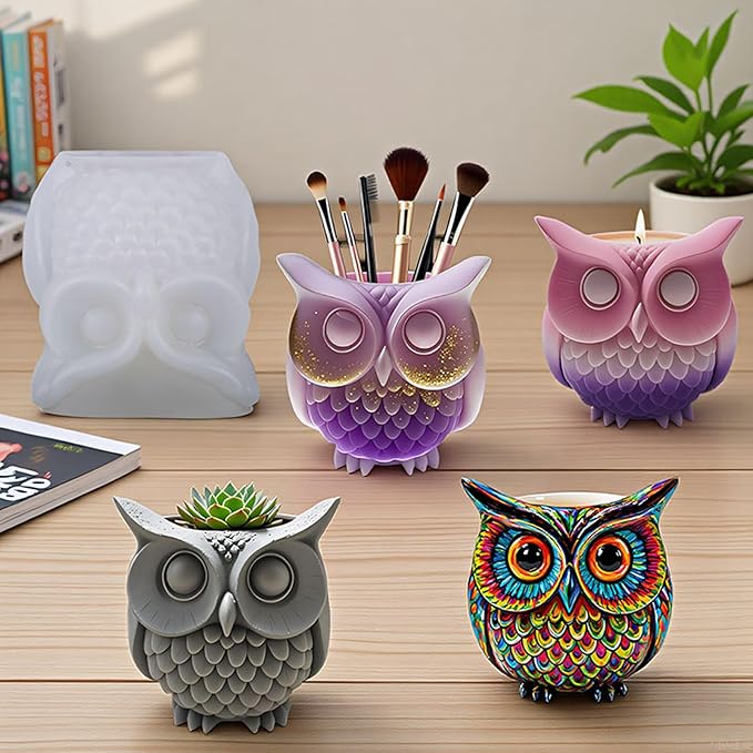 1Pc 3D Owl Epoxy Resin Silicone Mold Animal Plaster Storage Box Candle Mold for Pen Holders Concrete Clay Art Crafts DIY Home Decor Potted Plant Decorations Halloween Party Gifts Storage Box
