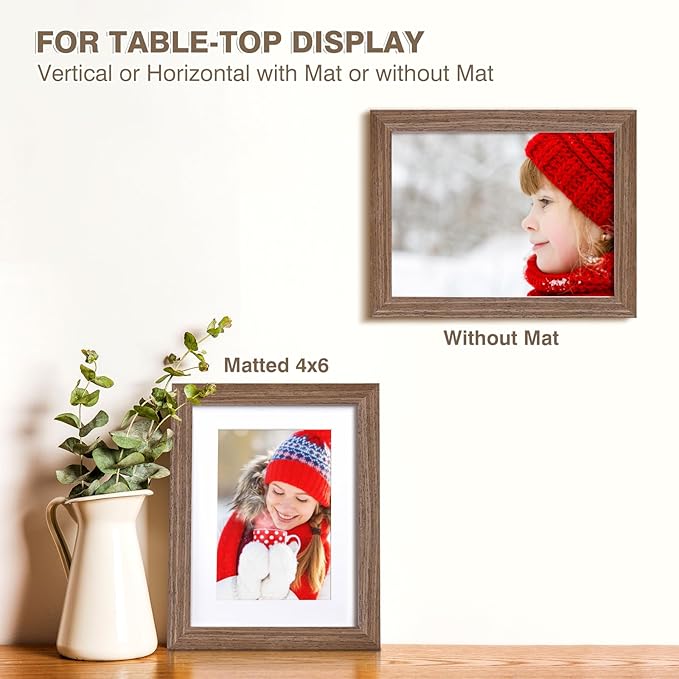 KINLINK 6x8 Picture Frame Rustic Brown, Solid Wood Frames with Acrylic Plexiglass for Pictures 4x6 with Mat or 6x8 without Mat, Tabletop and Wall Display Photo Frame, Set of 4