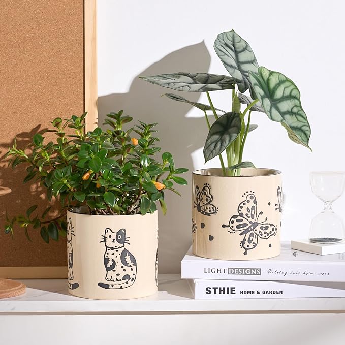 STHIE 5 Inch Ceramic Plant Pots with Drainage Holes, Small Round Flower Pots for Indoor Plant, Unique Animal Flower Planters (Butterfly)