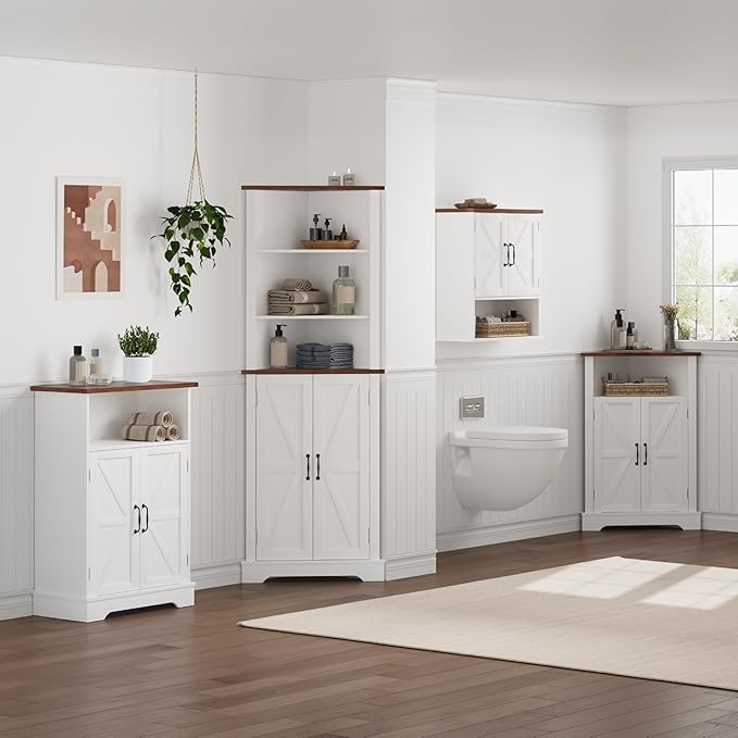 Smuxee Freestanding Cabinet Organizer, Farmhouse Style with Barn Door and Adjustable Shelf, White, for Bathroom, Kitchen, Living Room
