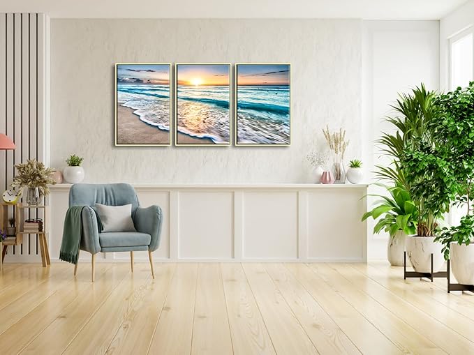 Wieco Art Framed Wall Art 3 Panels Blue Beach Canvas Art