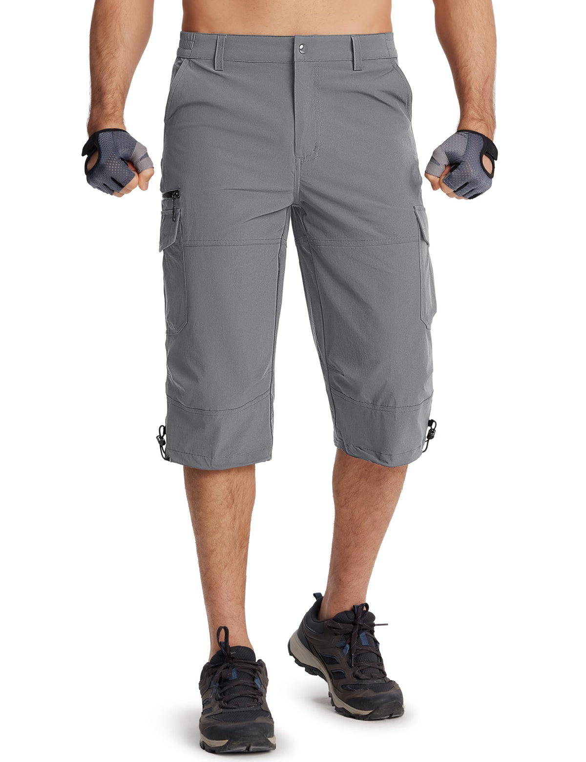 TACVASEN Mens Long Shorts Quick Dry Cargo Hiking Stretch Capri Pants Elastic Waist 3/4 Shorts Casual Below Knee Travel Bike Golf Light Grey
