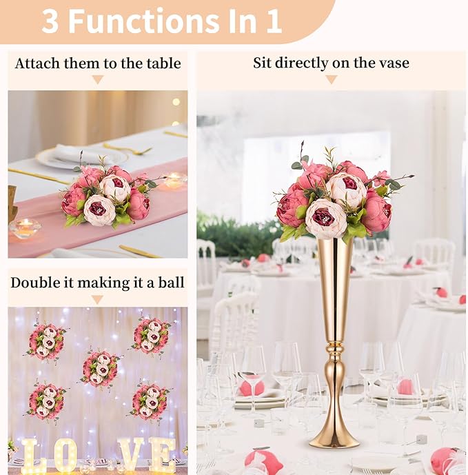 NUPTIO Flower Balls Flowers for Centerpieces: 10 Pcs 9.4 inch Diam Dark Pink Artificial Peony Fake Flower Ball Arrangement Bouquet Wedding Centerpieces for Tables Wedding Centerpiece Decorations