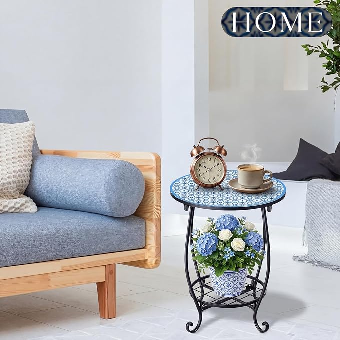 Cinnvoice Outdoor Side Table Round Small Mosaic Patio Accent Indoor End Plant Coffee Tea Table for Yard Patio Porch Garden Living Room, Bedroom(Blue Tile Style,14 Inch)