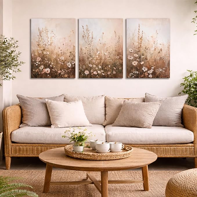 CHTEXA Wildflower Wall Art Canvas Set of 3, Rustic Neutral Botanical Prints