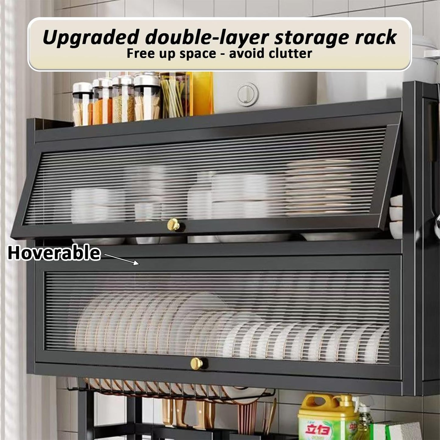 Dish Drying Rack 4 Tiers with Cover, Keep Kitchen Sink Shlef Organized Space-Saving Dish Drying Rack, for Dishes, Glasses, Bowls, Cutlery (black, W-33.5)